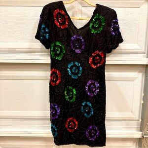 Vtg Styleworks Womens Dress Floral Sequined Beaded 100% Silk Handmade Size 12